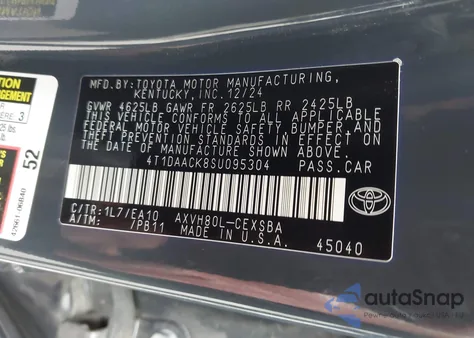 2025 Toyota Camry Se from USA, damaged, VIN 4T1DAACK8SU095304